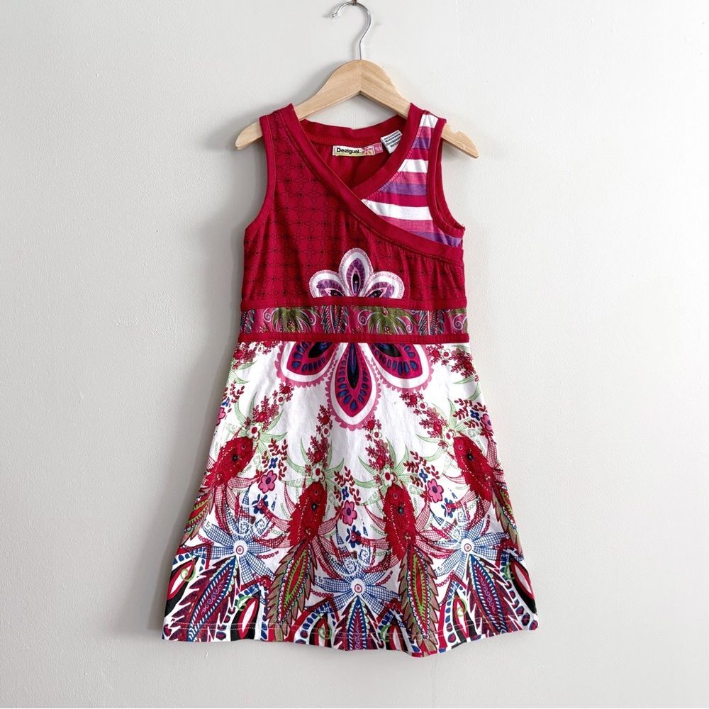 Desigual Girls Dress 9/10 Red Floral Print Cotton A-Line Boho Cute Bright